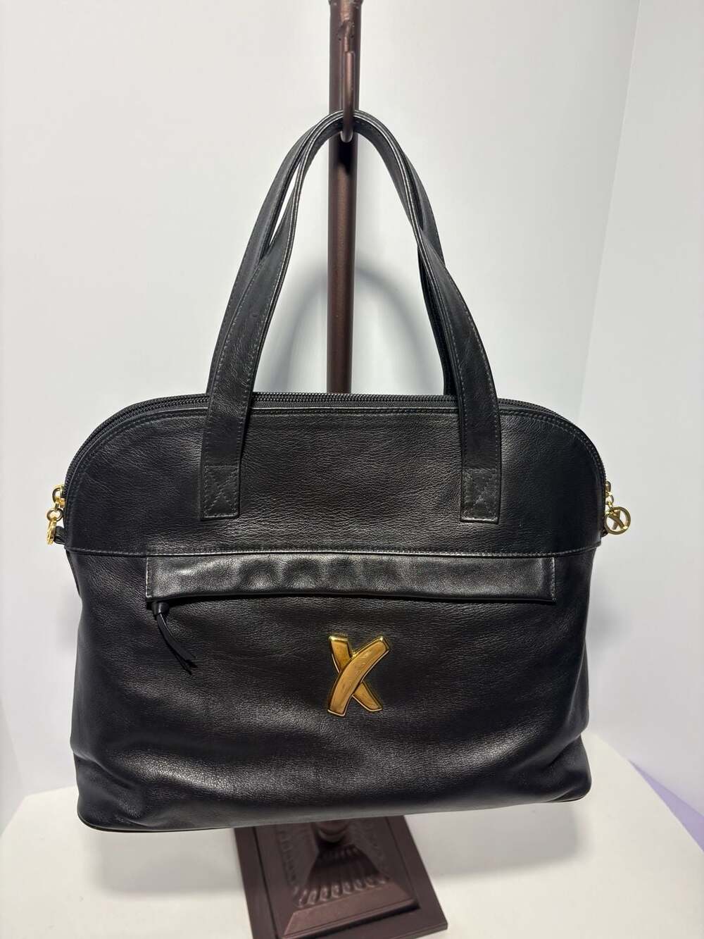 By Paloma Picasso Vintage Black Leather Tote Bag With Gold Logo